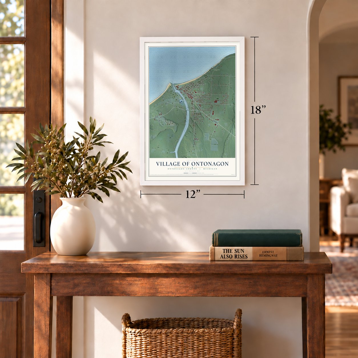 Ontonagon, Michigan map, 12 x 18 inch print in a white frame in an entryway