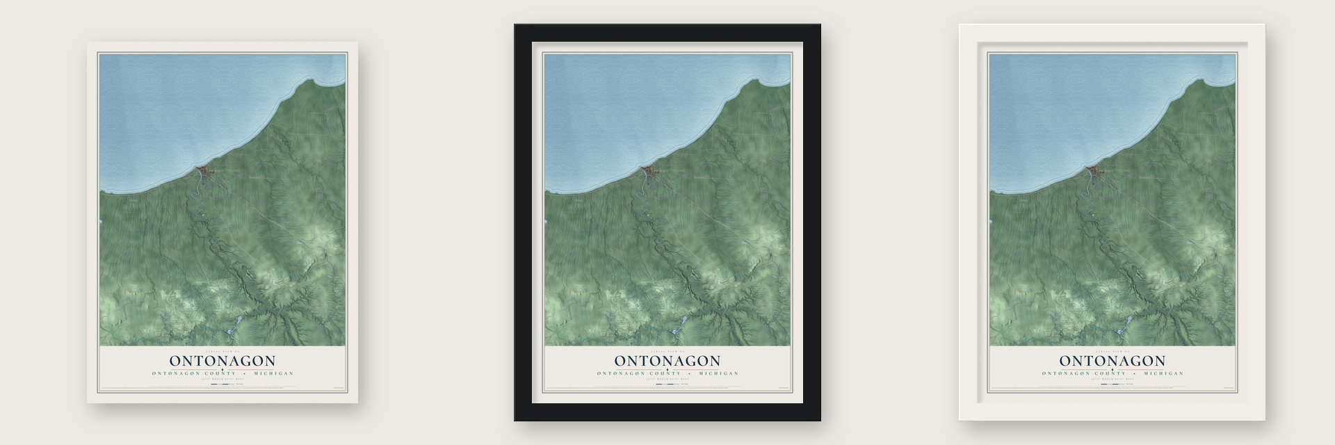 Ontonagon, Ontonagon County, Michigan map unframed, in a black wood frame and in a white wood frame