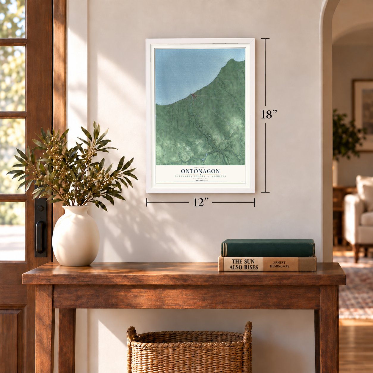 Ontonagon, Ontonagon County, Michigan map, 12 x 18 inch print in a white frame in an entryway