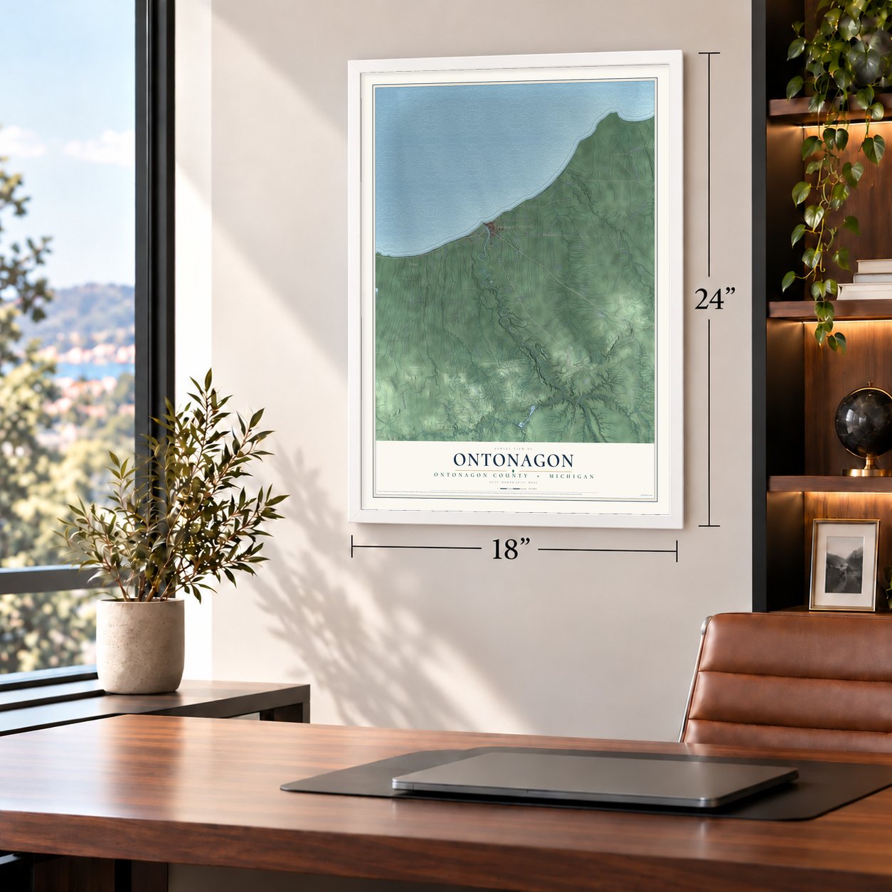 Ontonagon, Ontonagon County, Michigan map, 18 x 24 inch print in a white frame in a home office