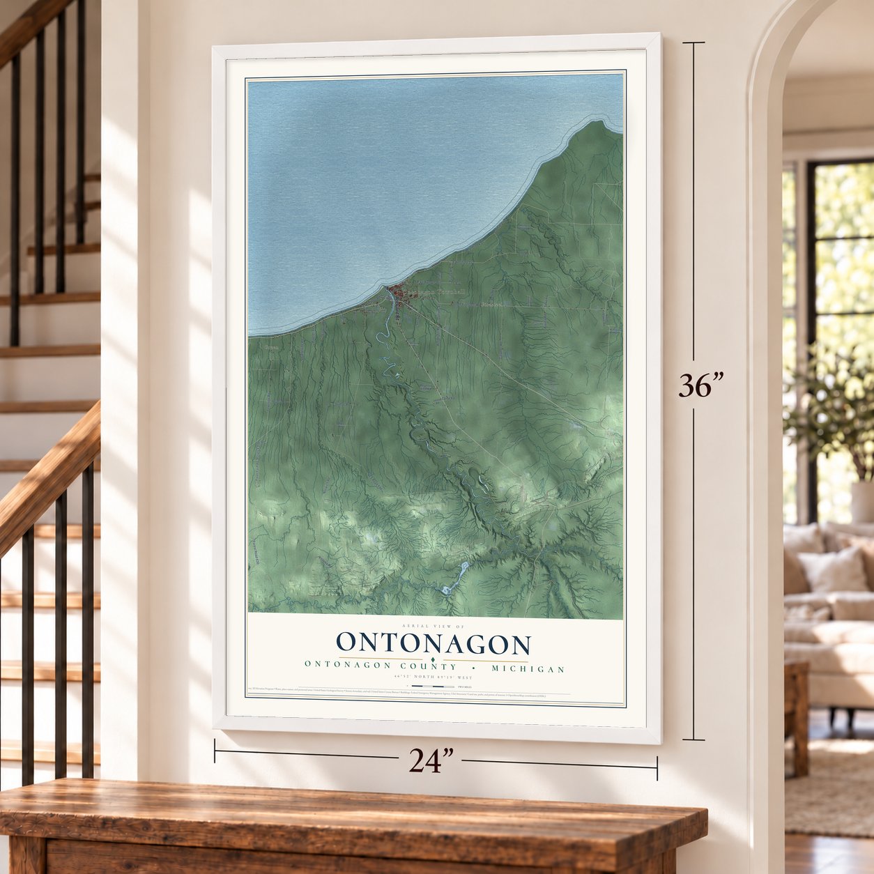 Ontonagon, Ontonagon County, Michigan map, 24 x 36 inch print in a white frame by a staircase