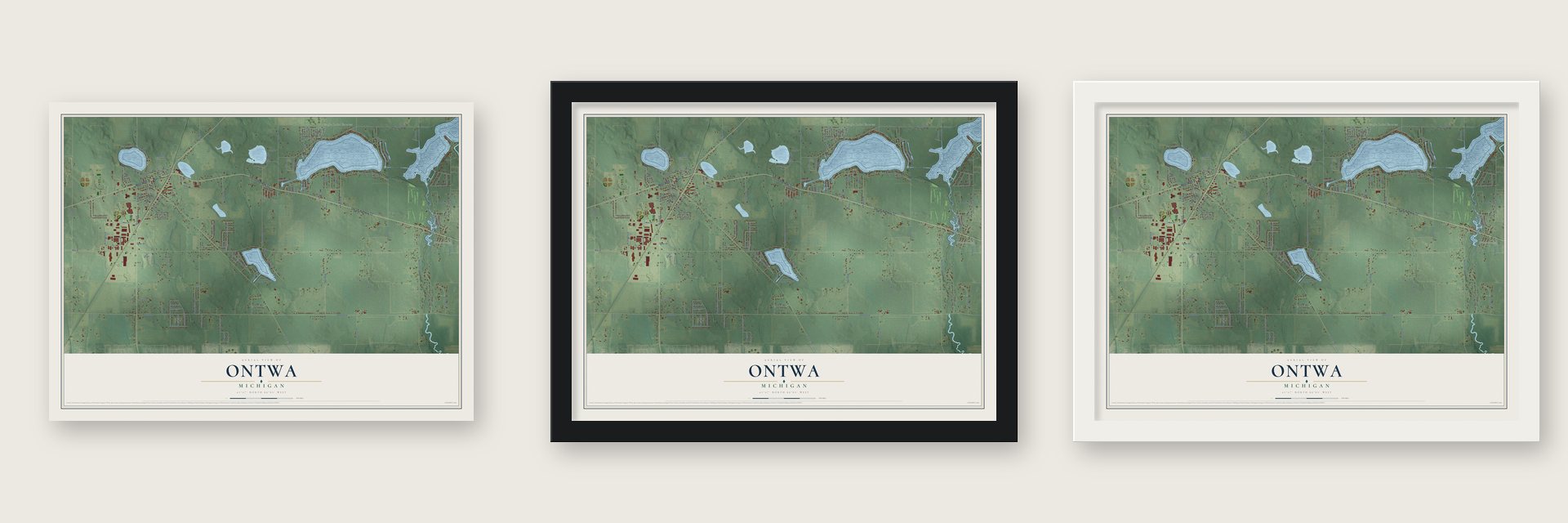 Ontwa, Michigan map unframed, in a black wood frame and in a white wood frame