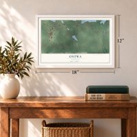 Ontwa, Michigan map, 12 x 18 inch print in a white frame in an entryway