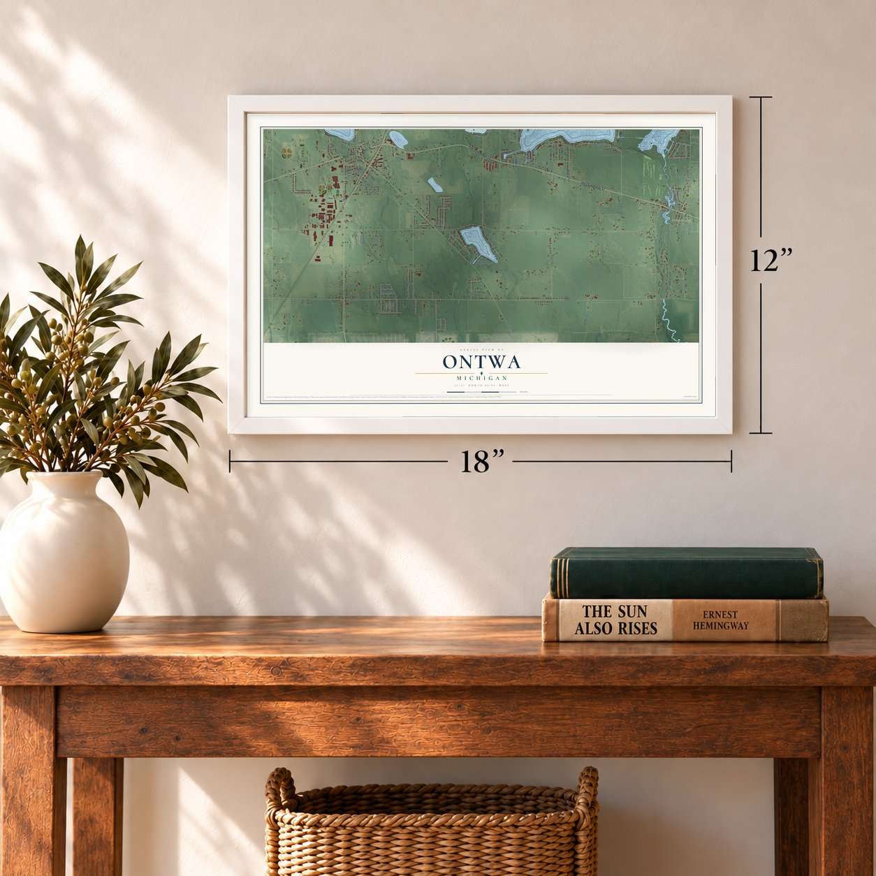 Ontwa, Michigan map, 12 x 18 inch print in a white frame in an entryway
