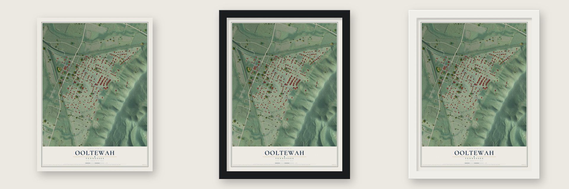 Ooltewah, Tennessee map unframed, in a black wood frame and in a white wood frame