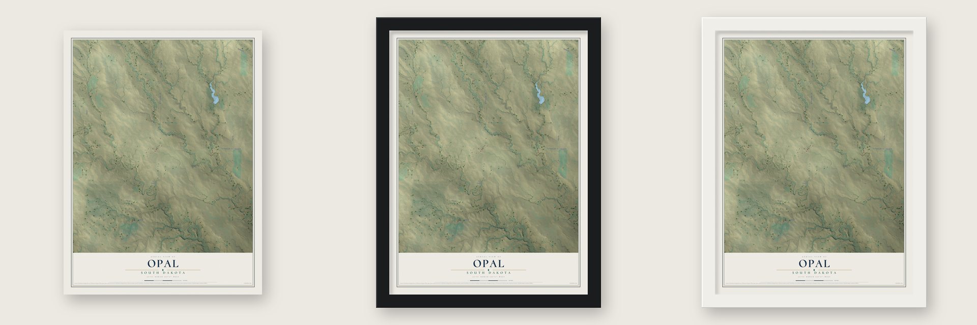 Opal, South Dakota map unframed, in a black wood frame and in a white wood frame