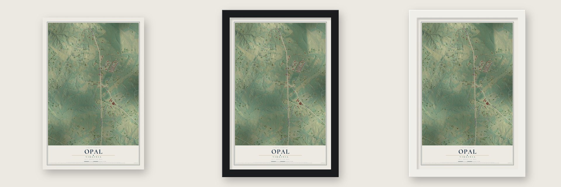 Opal, Virginia map unframed, in a black wood frame and in a white wood frame