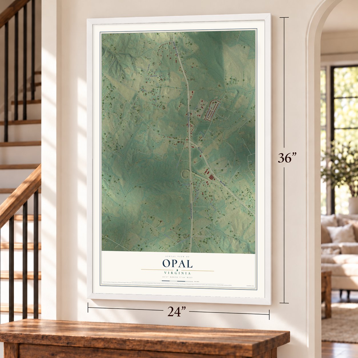 Opal, Virginia map, 24 x 36 inch print in a white frame by a staircase