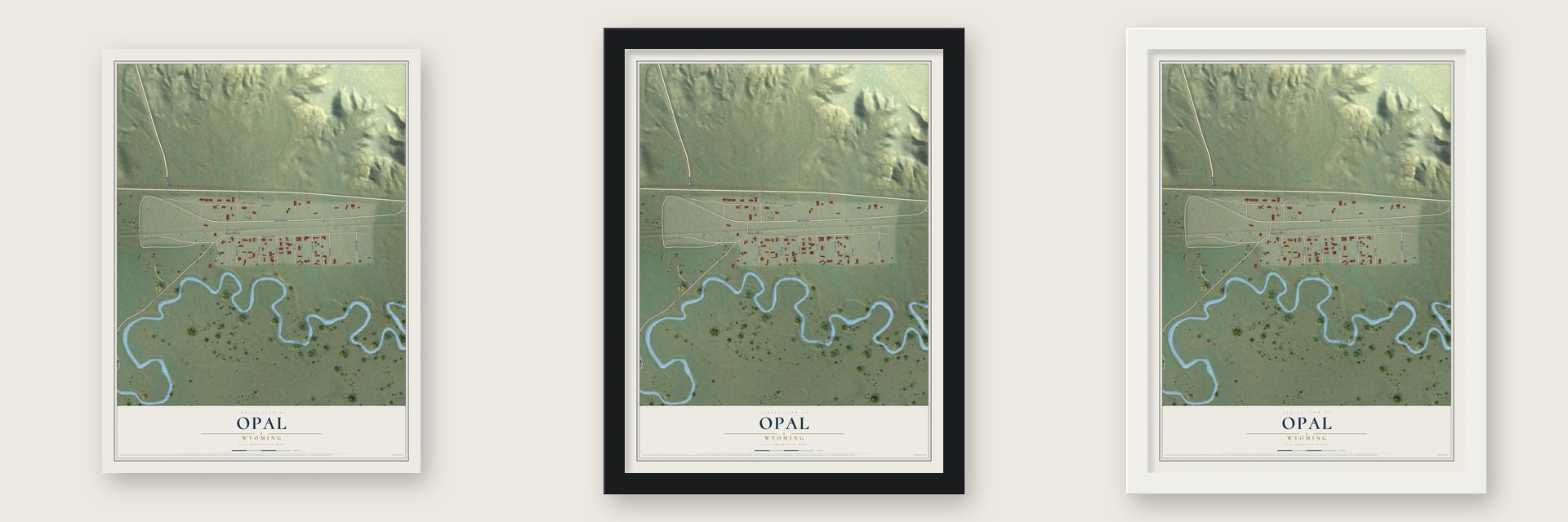 Opal, Wyoming map unframed, in a black wood frame and in a white wood frame