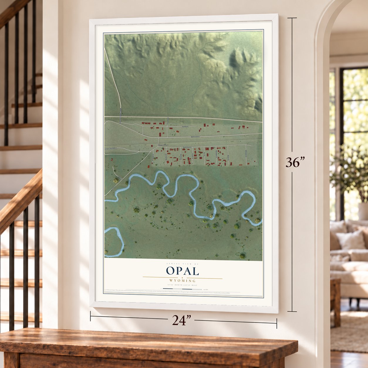 Opal, Wyoming map, 24 x 36 inch print in a white frame by a staircase