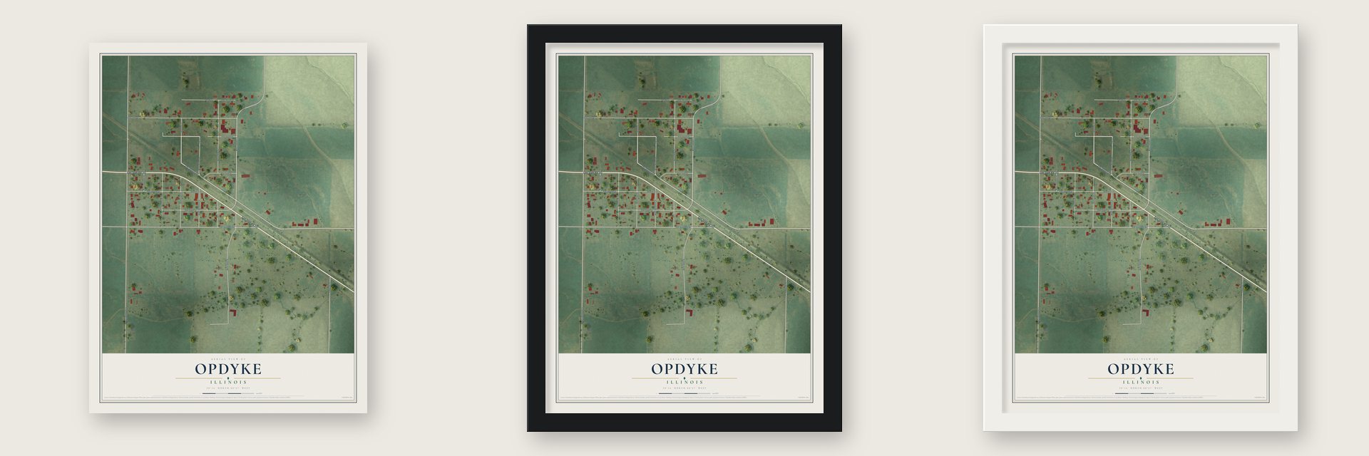 Opdyke, Illinois map unframed, in a black wood frame and in a white wood frame