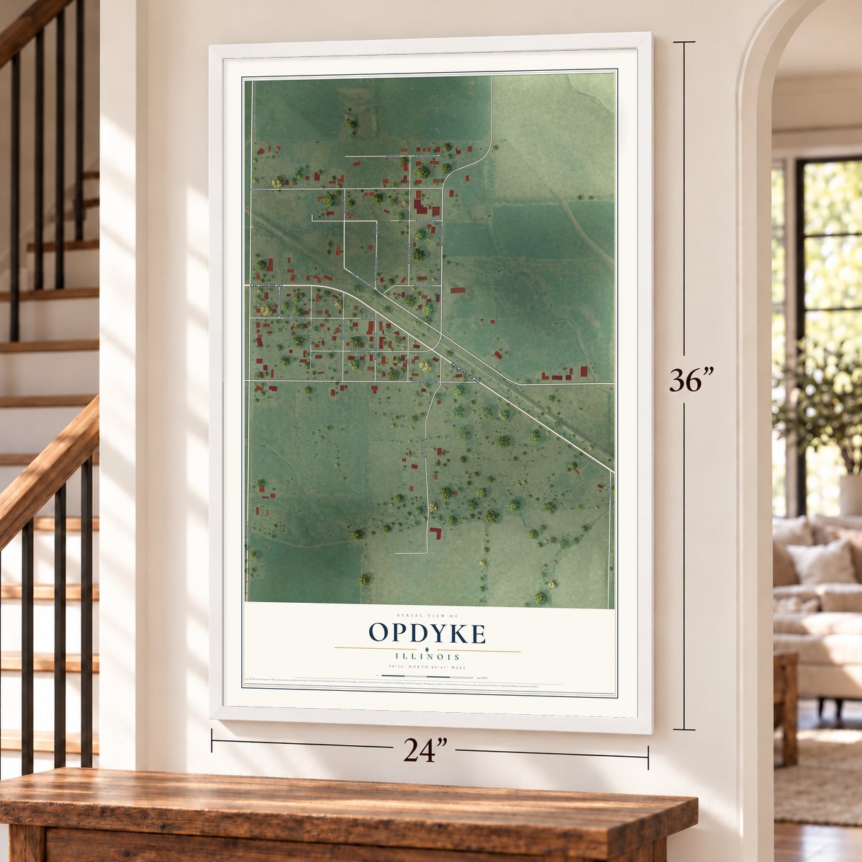 Opdyke, Illinois map, 24 x 36 inch print in a white frame by a staircase