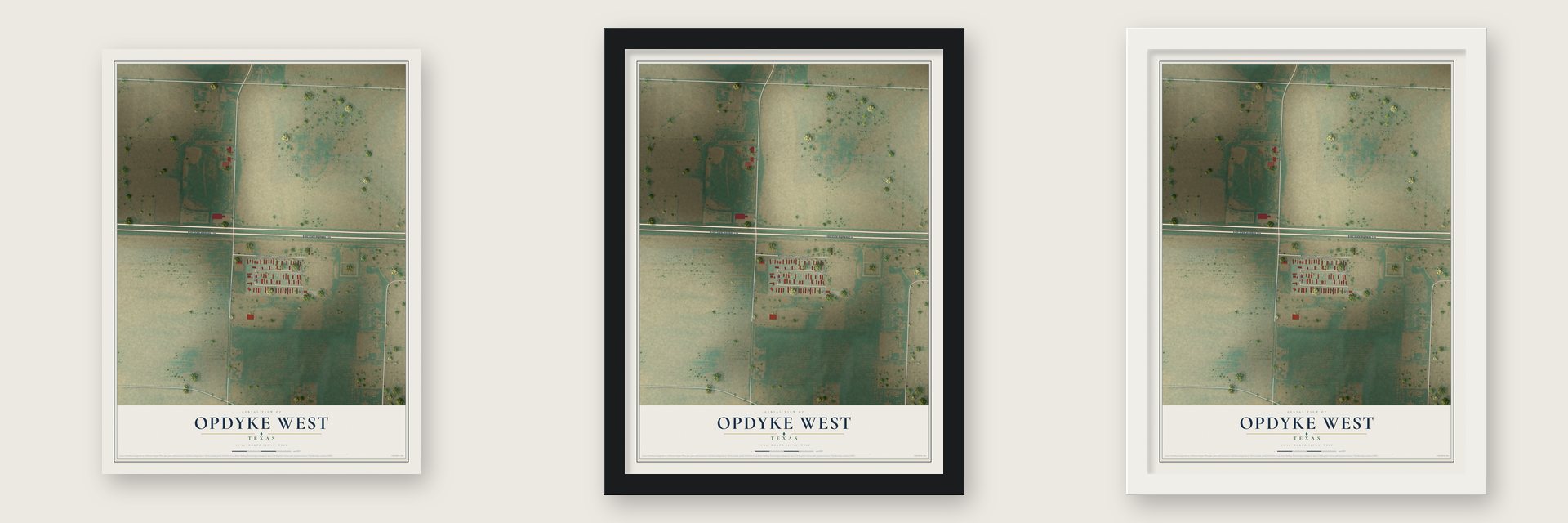 Opdyke West, Texas map unframed, in a black wood frame and in a white wood frame