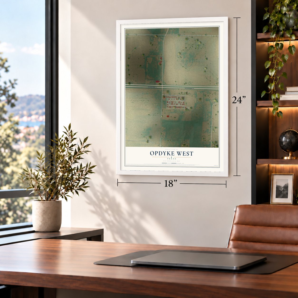 Opdyke West, Texas map, 18 x 24 inch print in a white frame in a home office