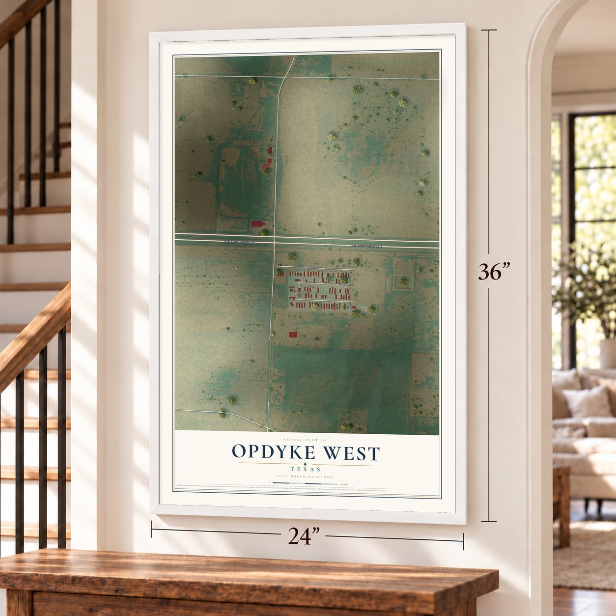 Opdyke West, Texas map, 24 x 36 inch print in a white frame by a staircase