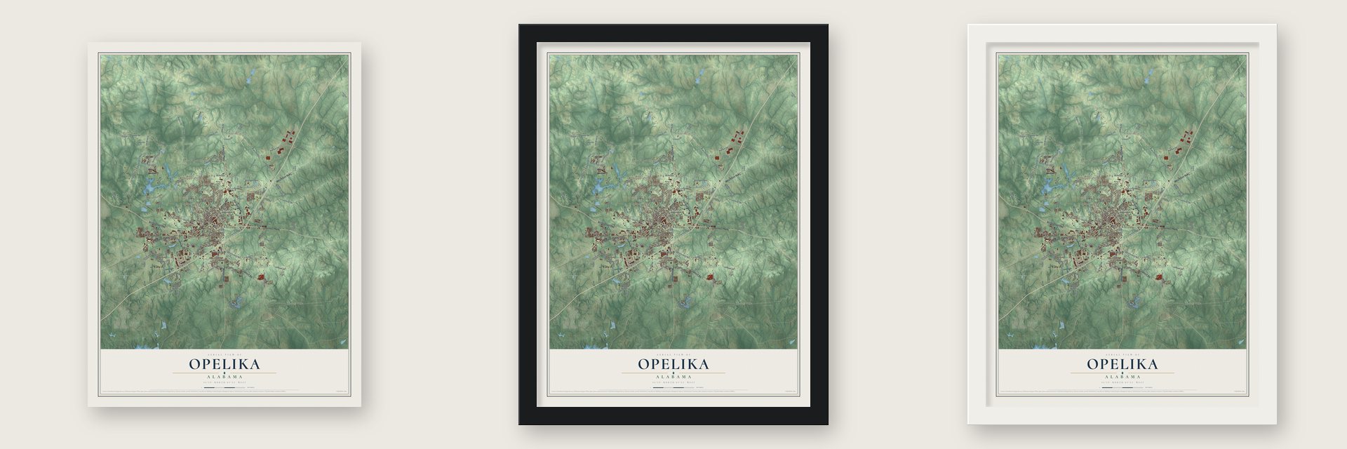 Opelika, Alabama map unframed, in a black wood frame and in a white wood frame