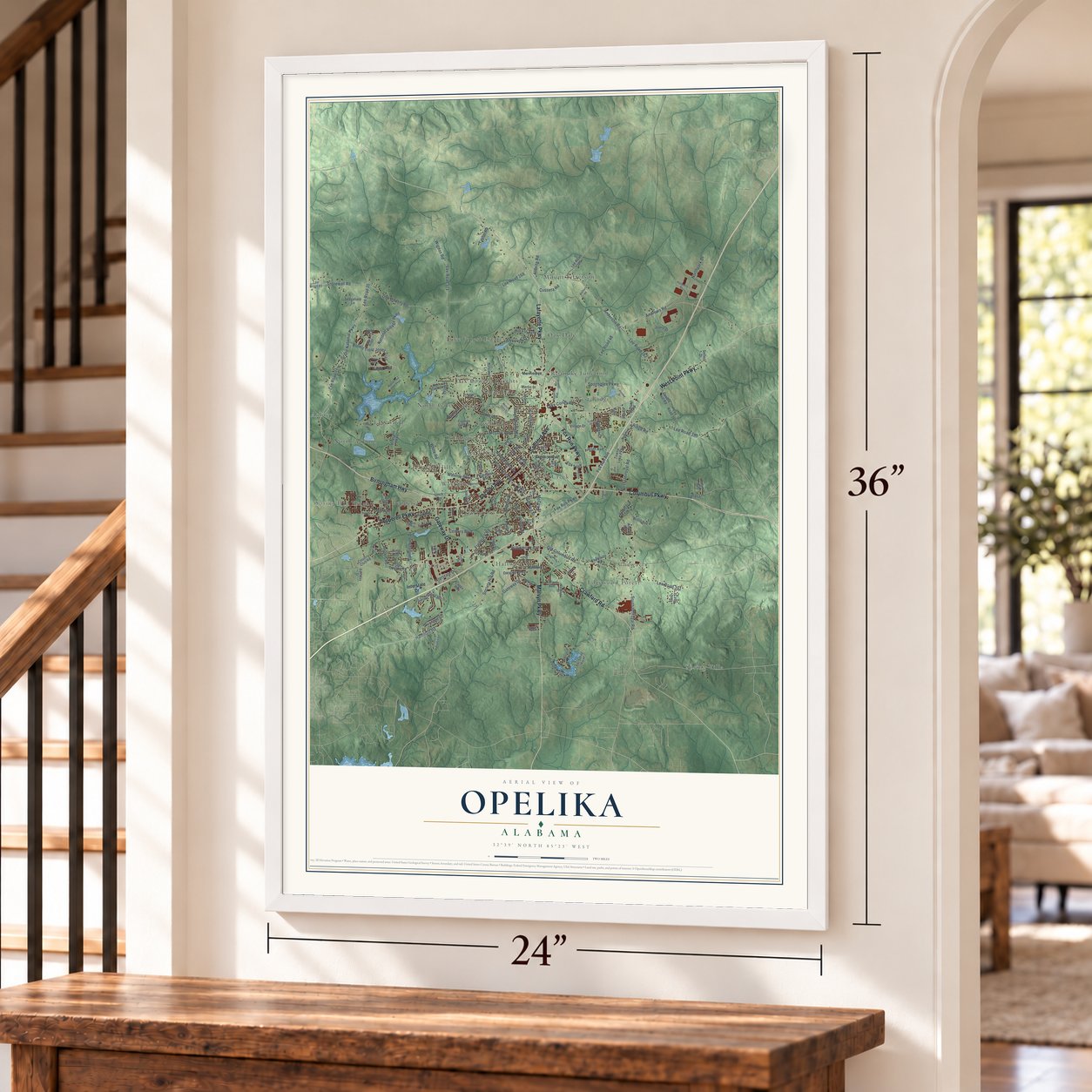 Opelika, Alabama map, 24 x 36 inch print in a white frame by a staircase