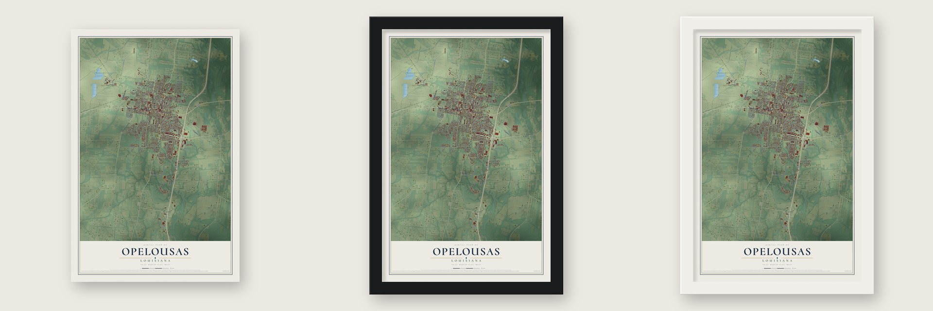 Opelousas, Louisiana map unframed, in a black wood frame and in a white wood frame