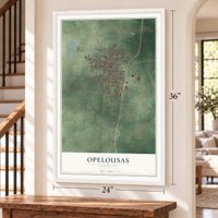 Opelousas, Louisiana map, 24 x 36 inch print in a white frame by a staircase