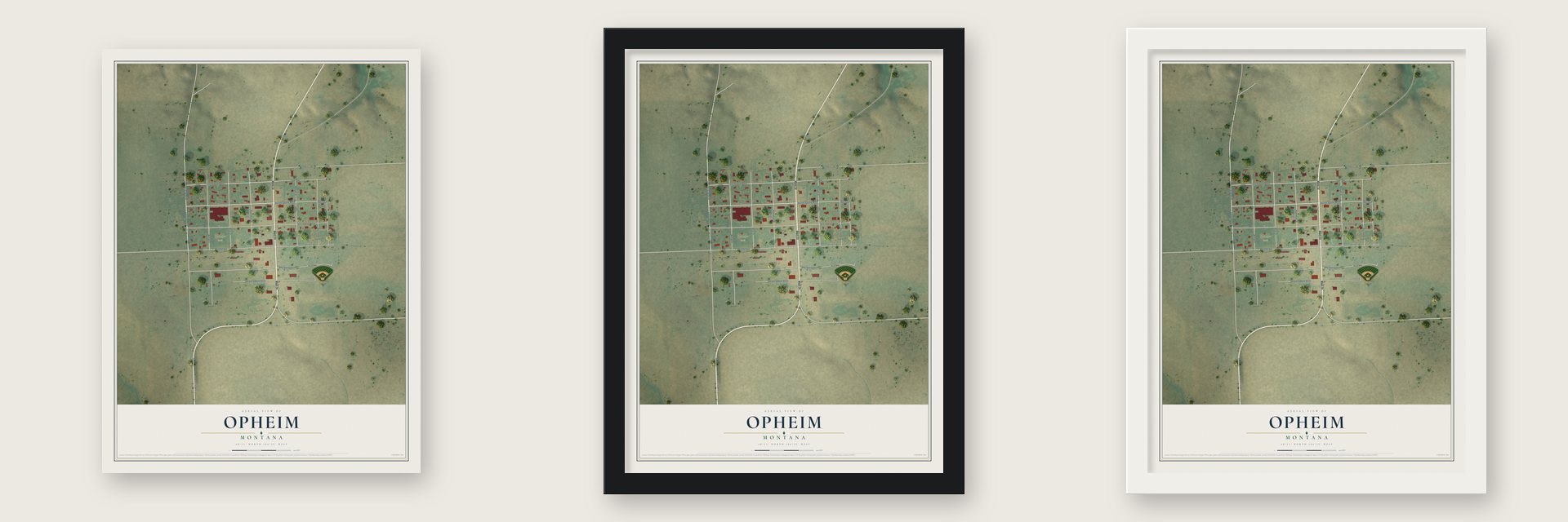 Opheim, Montana map unframed, in a black wood frame and in a white wood frame