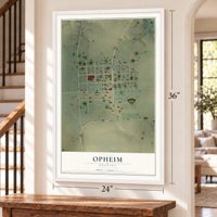 Opheim, Montana map, 24 x 36 inch print in a white frame by a staircase