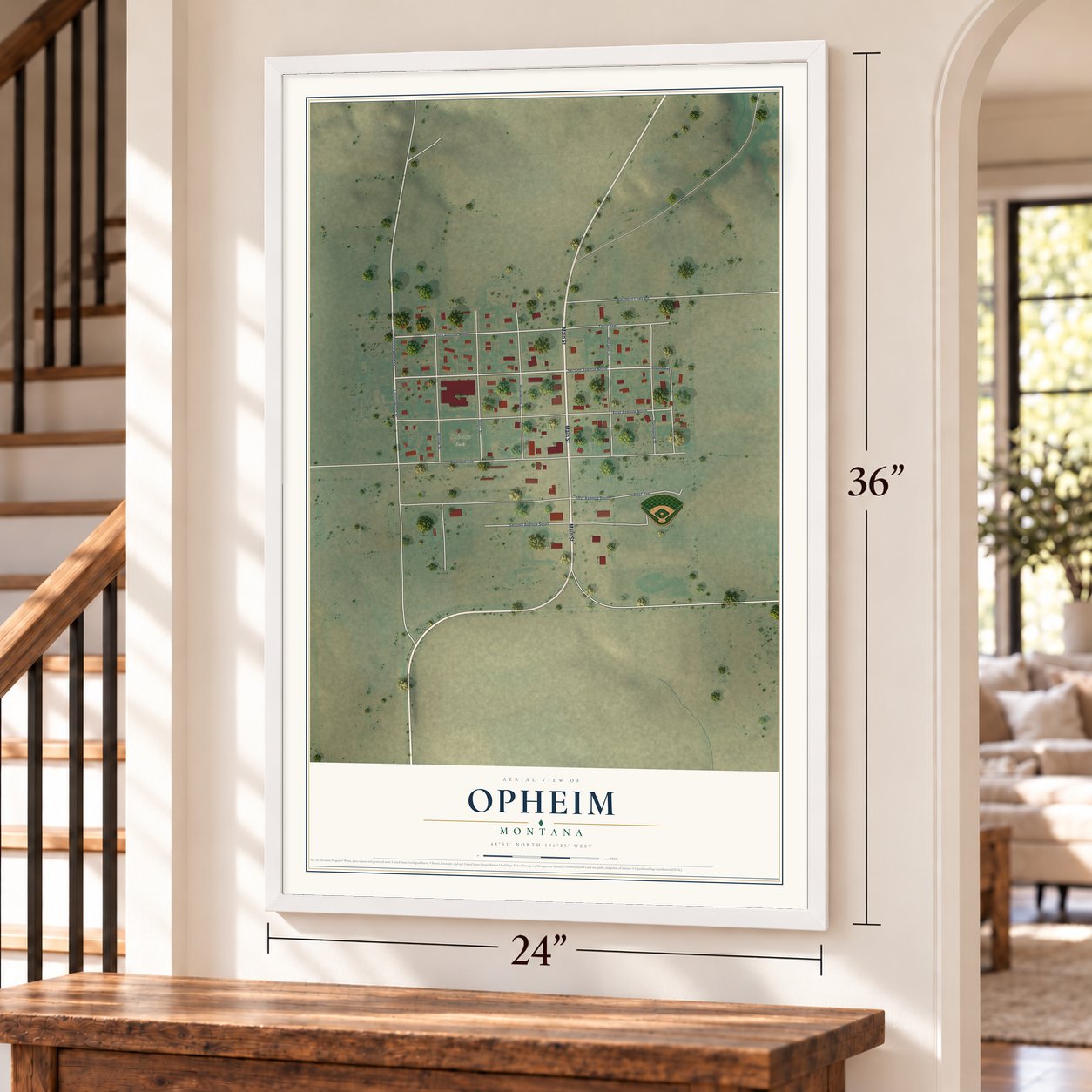 Opheim, Montana map, 24 x 36 inch print in a white frame by a staircase