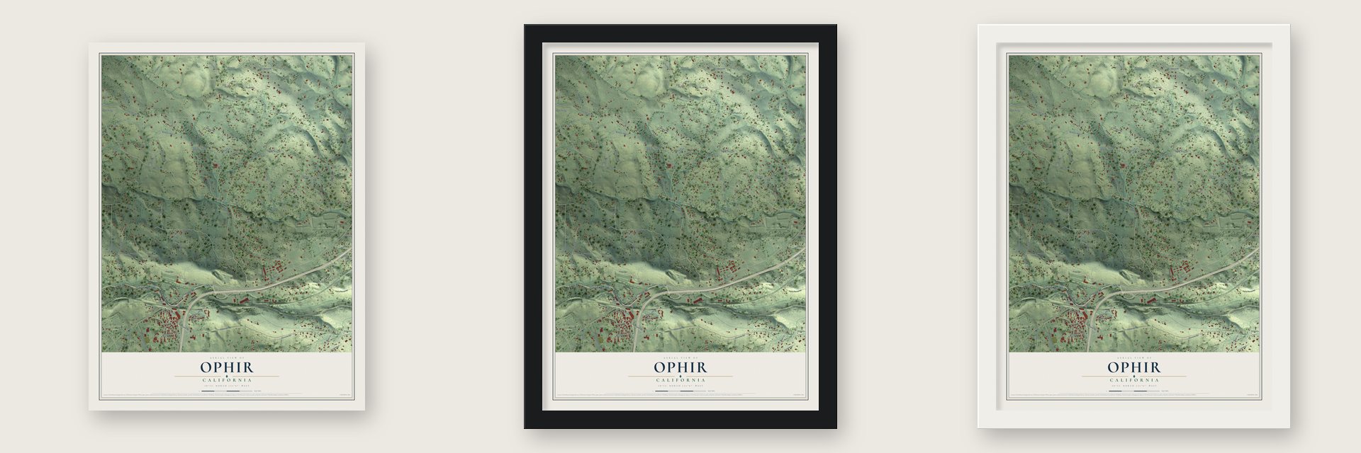 Ophir, California map unframed, in a black wood frame and in a white wood frame