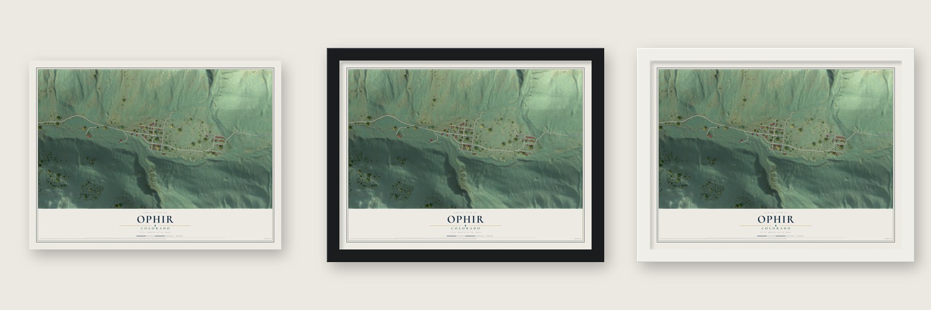 Ophir, Colorado map unframed, in a black wood frame and in a white wood frame