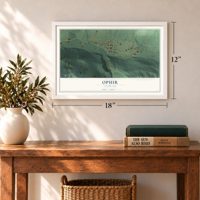 Ophir, Colorado map, 12 x 18 inch print in a white frame in an entryway