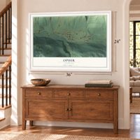 Ophir, Colorado map, 24 x 36 inch print in a white frame above a dresser by a staircase