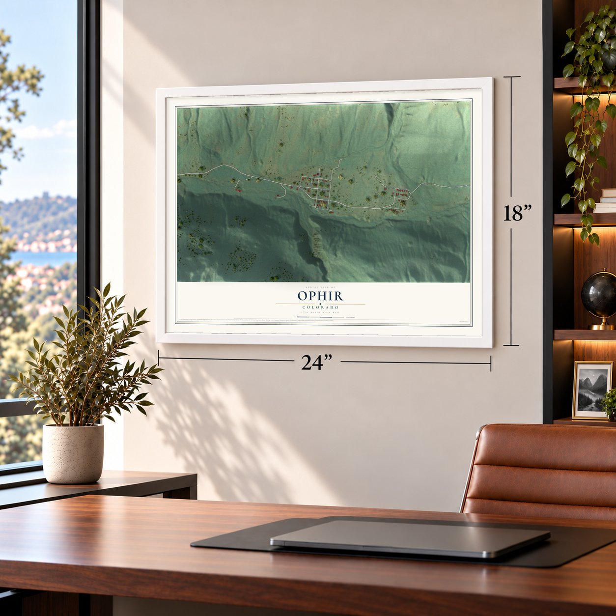 Ophir, Colorado map, 18 x 24 inch print in a white frame in a home office