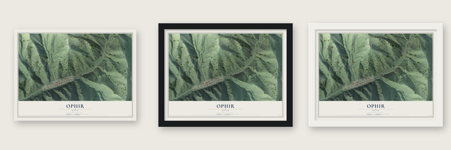 Ophir, Utah map unframed, in a black wood frame and in a white wood frame