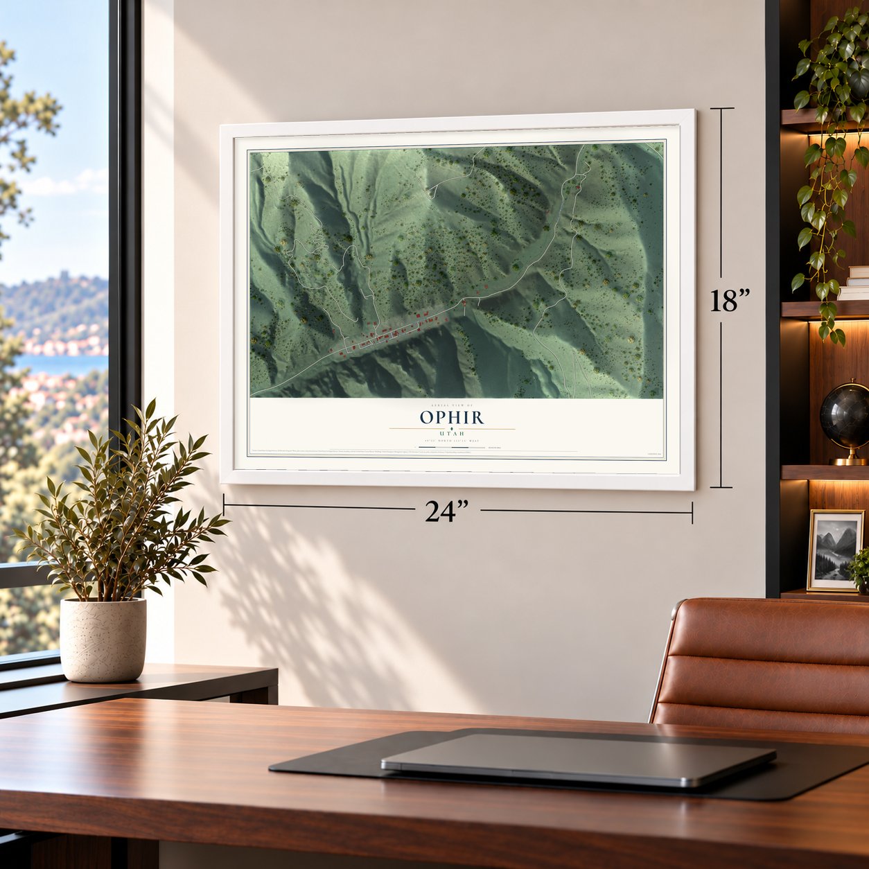 Ophir, Utah map, 18 x 24 inch print in a white frame in a home office