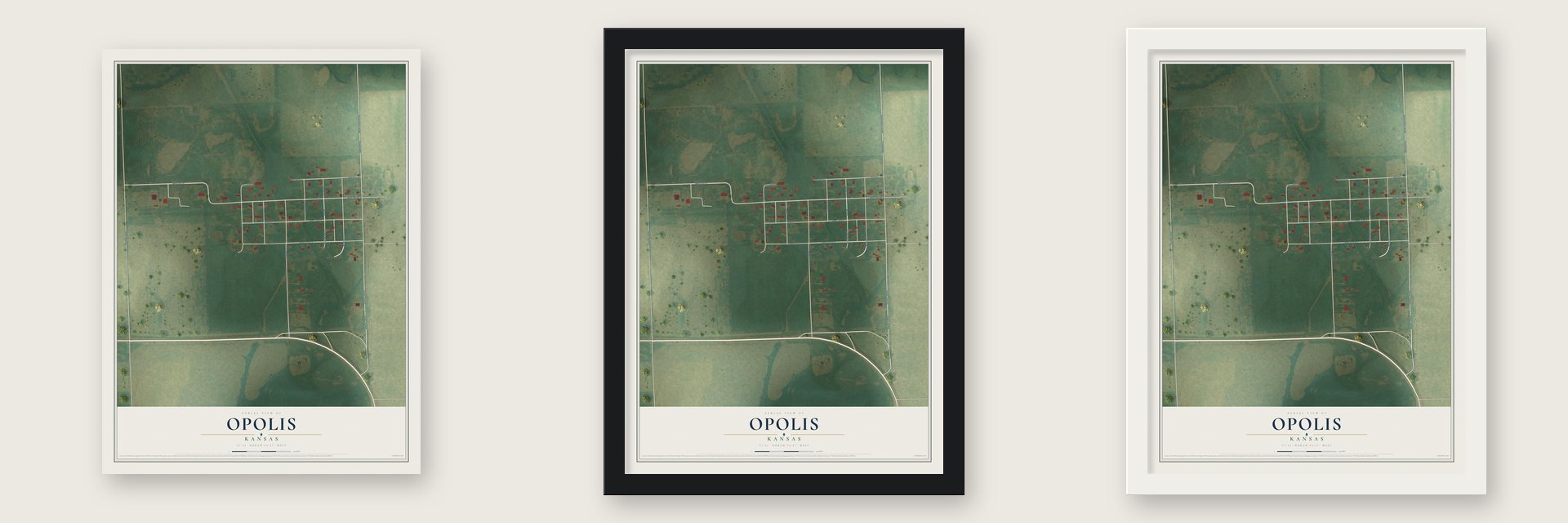 Opolis, Kansas map unframed, in a black wood frame and in a white wood frame