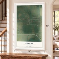 Opolis, Kansas map, 24 x 36 inch print in a white frame by a staircase
