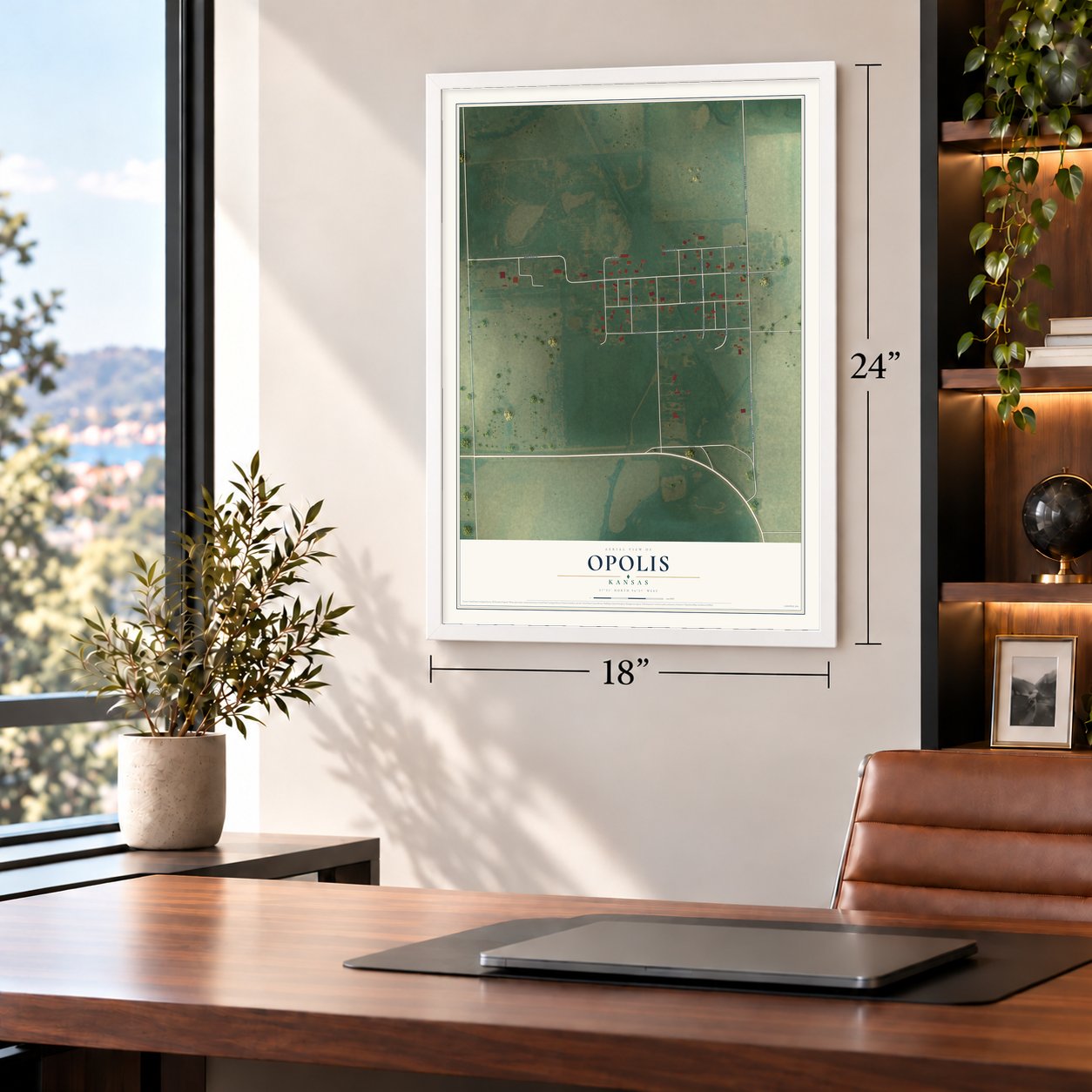 Opolis, Kansas map, 18 x 24 inch print in a white frame in a home office