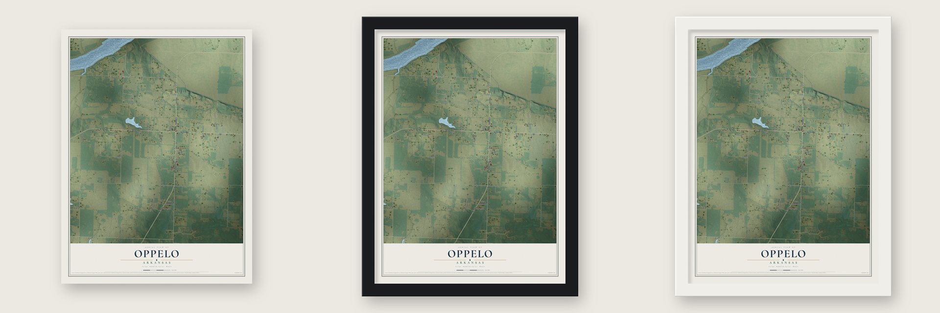 Oppelo, Arkansas map unframed, in a black wood frame and in a white wood frame