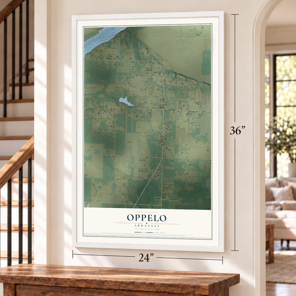 Oppelo, Arkansas map, 24 x 36 inch print in a white frame by a staircase