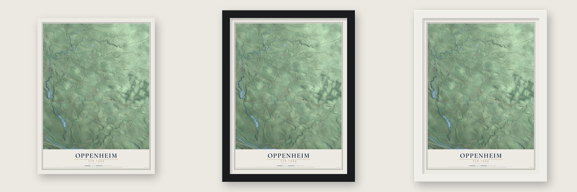 Oppenheim, New York map unframed, in a black wood frame and in a white wood frame