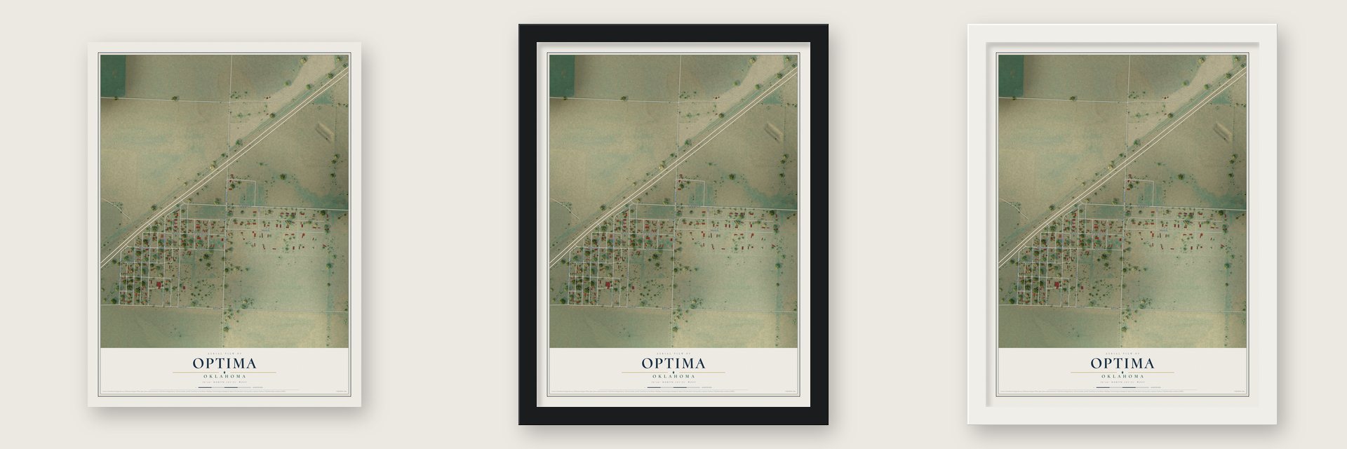 Optima, Oklahoma map unframed, in a black wood frame and in a white wood frame