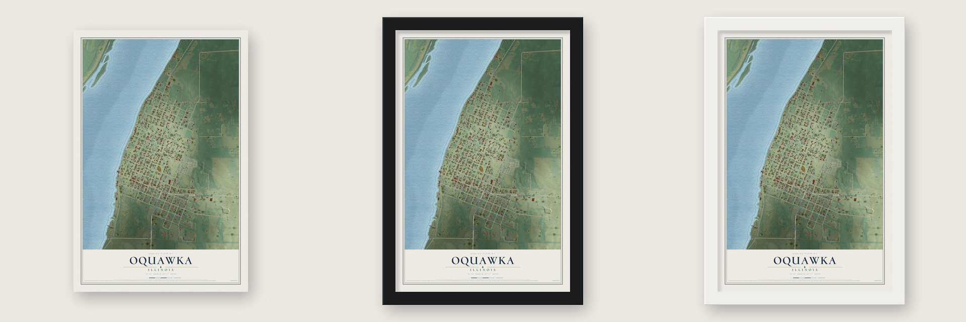 Oquawka, Illinois map unframed, in a black wood frame and in a white wood frame
