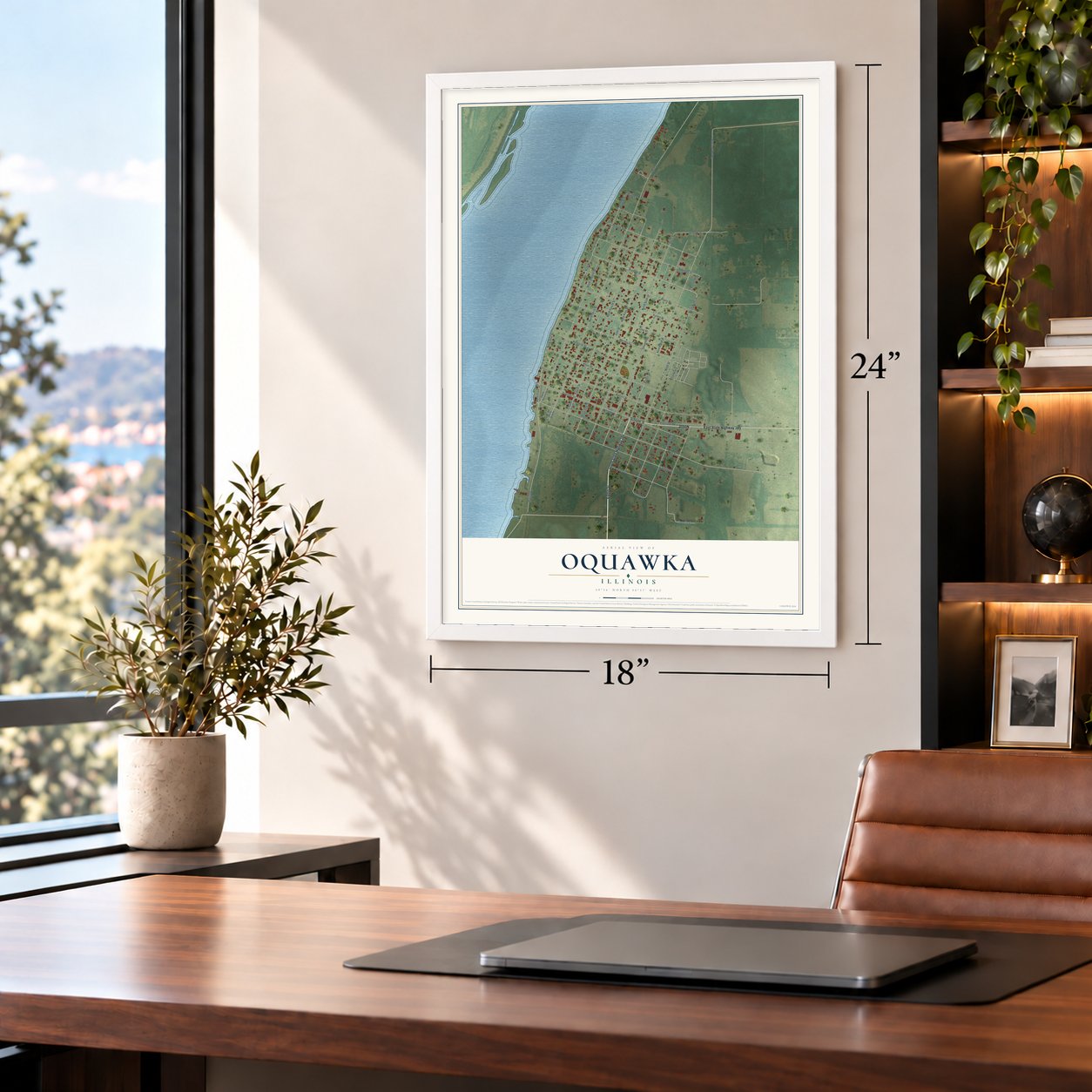 Oquawka, Illinois map, 18 x 24 inch print in a white frame in a home office