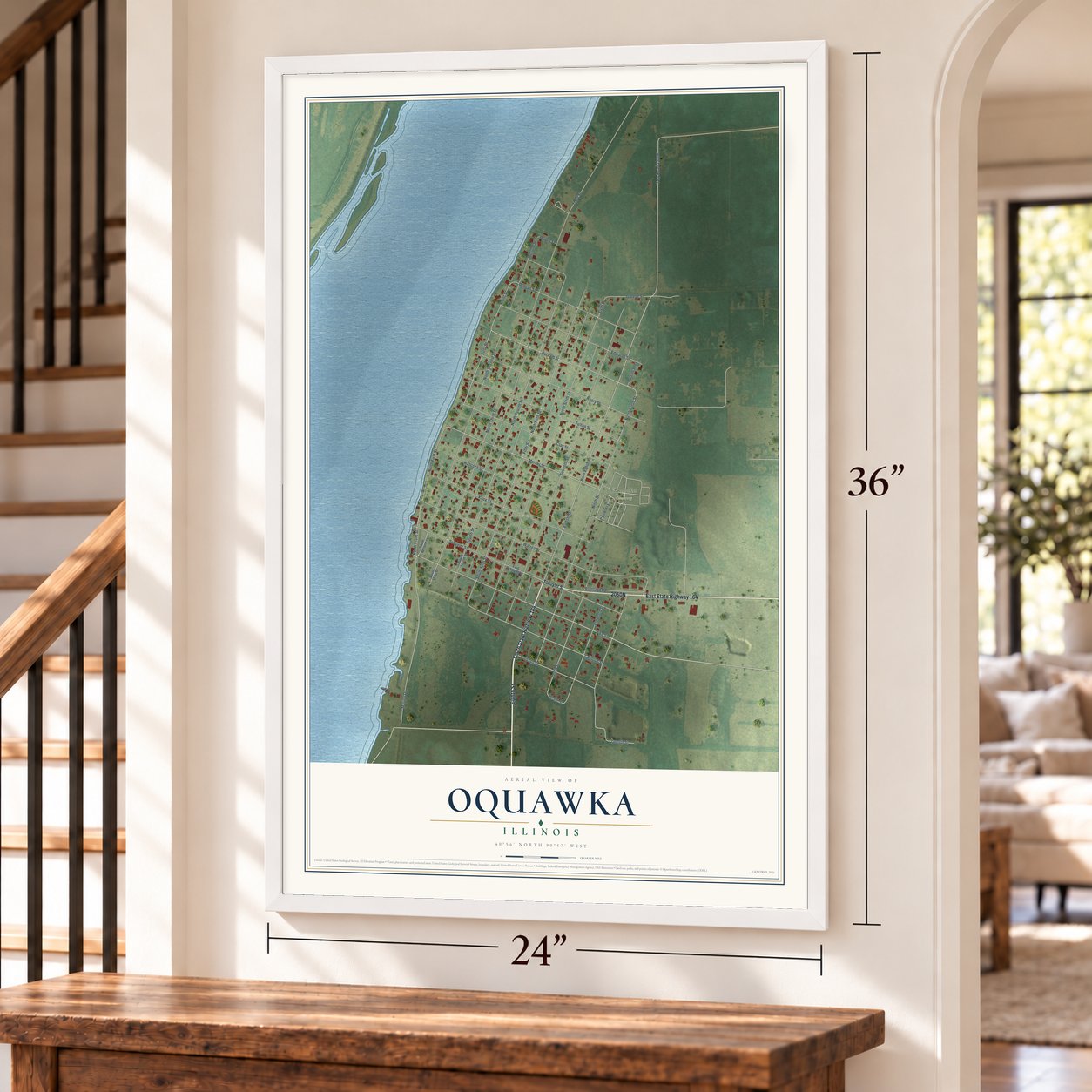Oquawka, Illinois map, 24 x 36 inch print in a white frame by a staircase