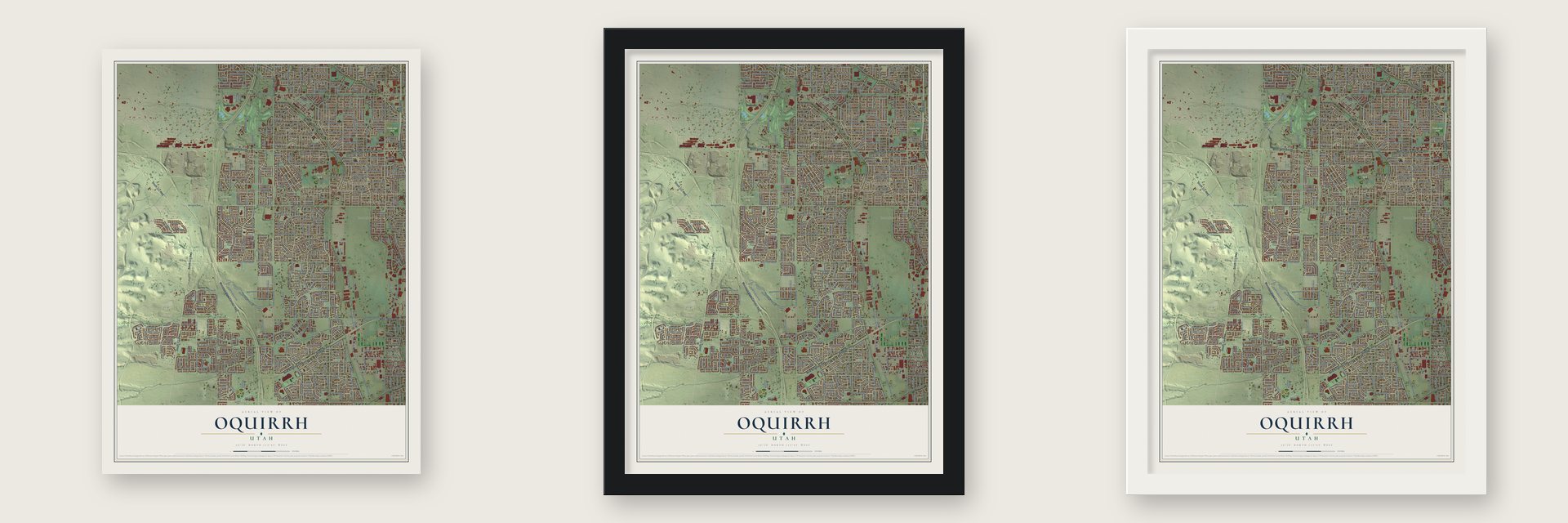 Oquirrh, Utah map unframed, in a black wood frame and in a white wood frame