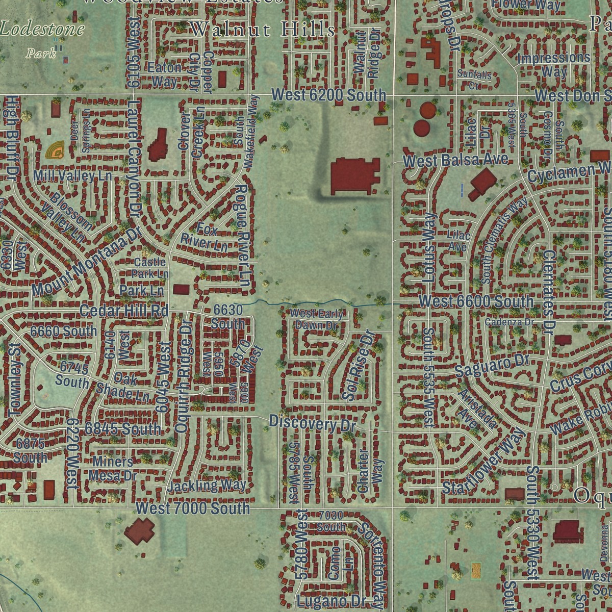Second close-up of the map of Oquirrh, Utah print showing more streets and buildings