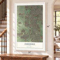 Oquirrh, Utah map, 24 x 36 inch print in a white frame by a staircase