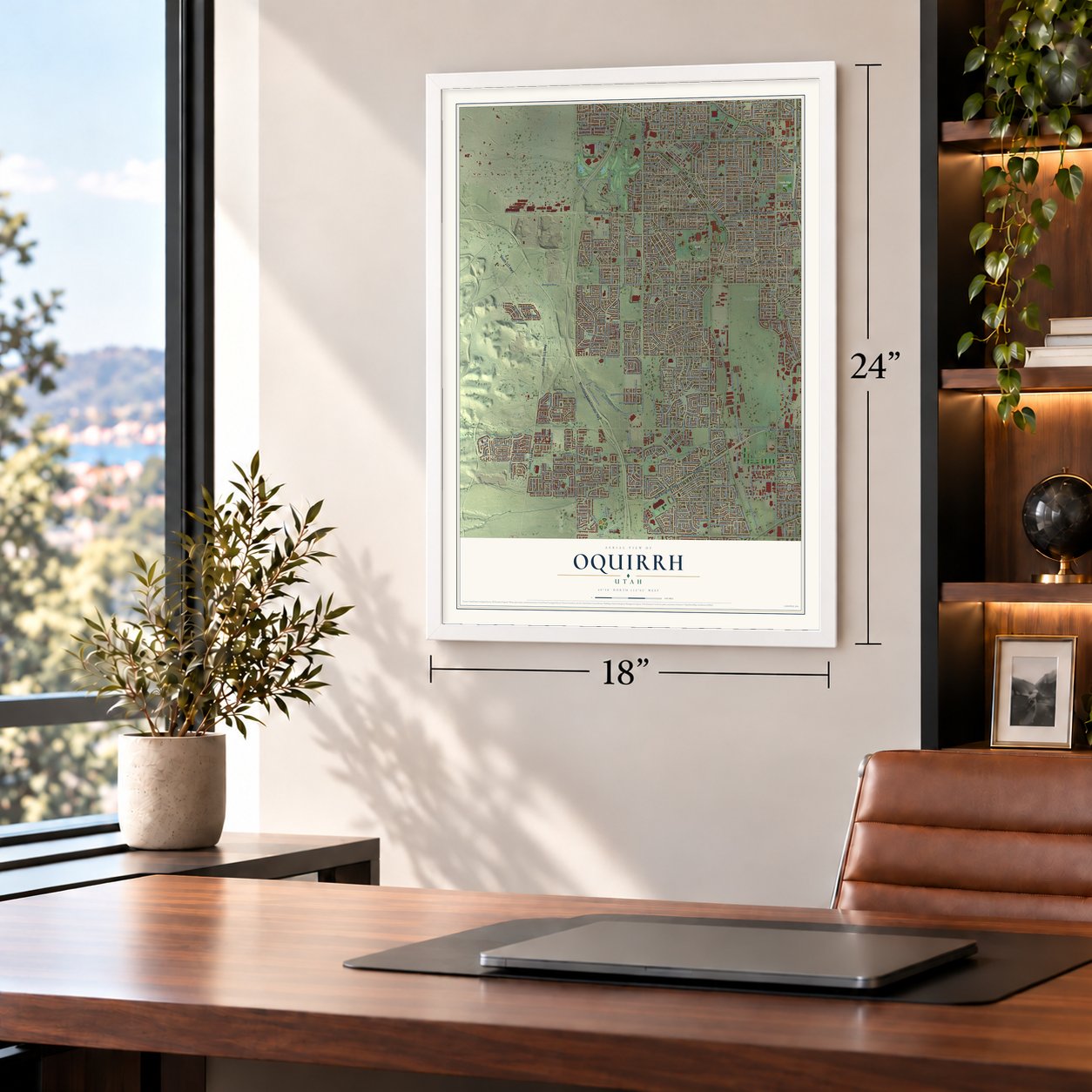 Oquirrh, Utah map, 18 x 24 inch print in a white frame in a home office