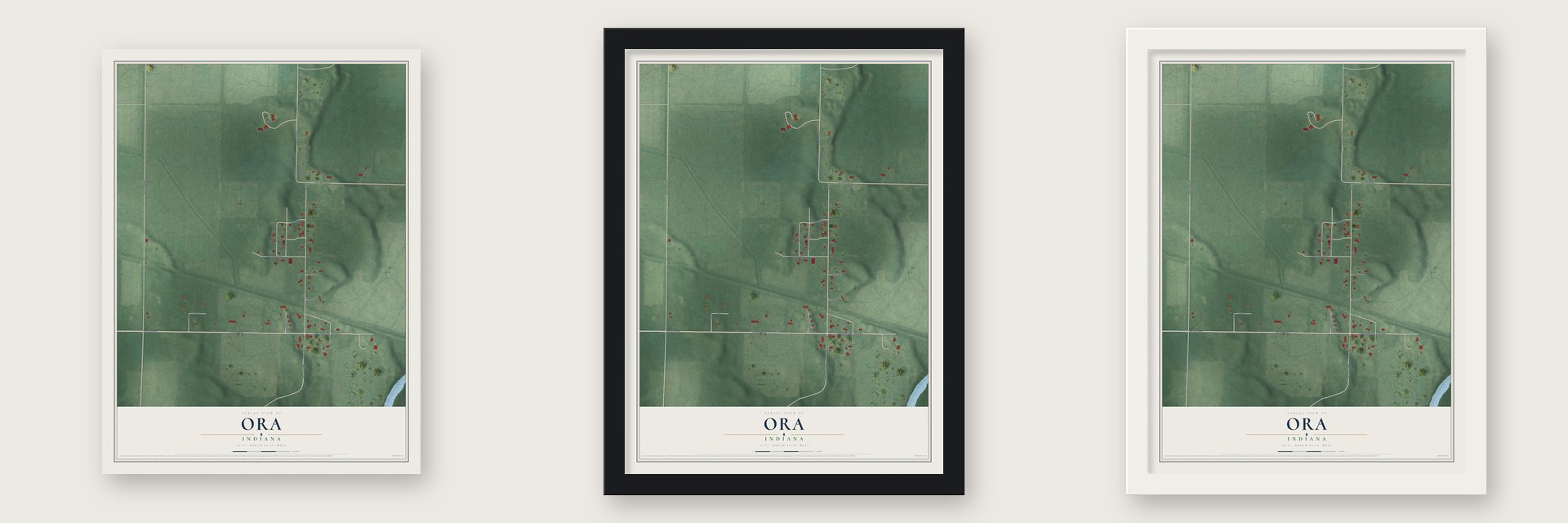Ora, Indiana map unframed, in a black wood frame and in a white wood frame