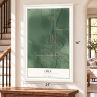 Ora, Indiana map, 24 x 36 inch print in a white frame by a staircase