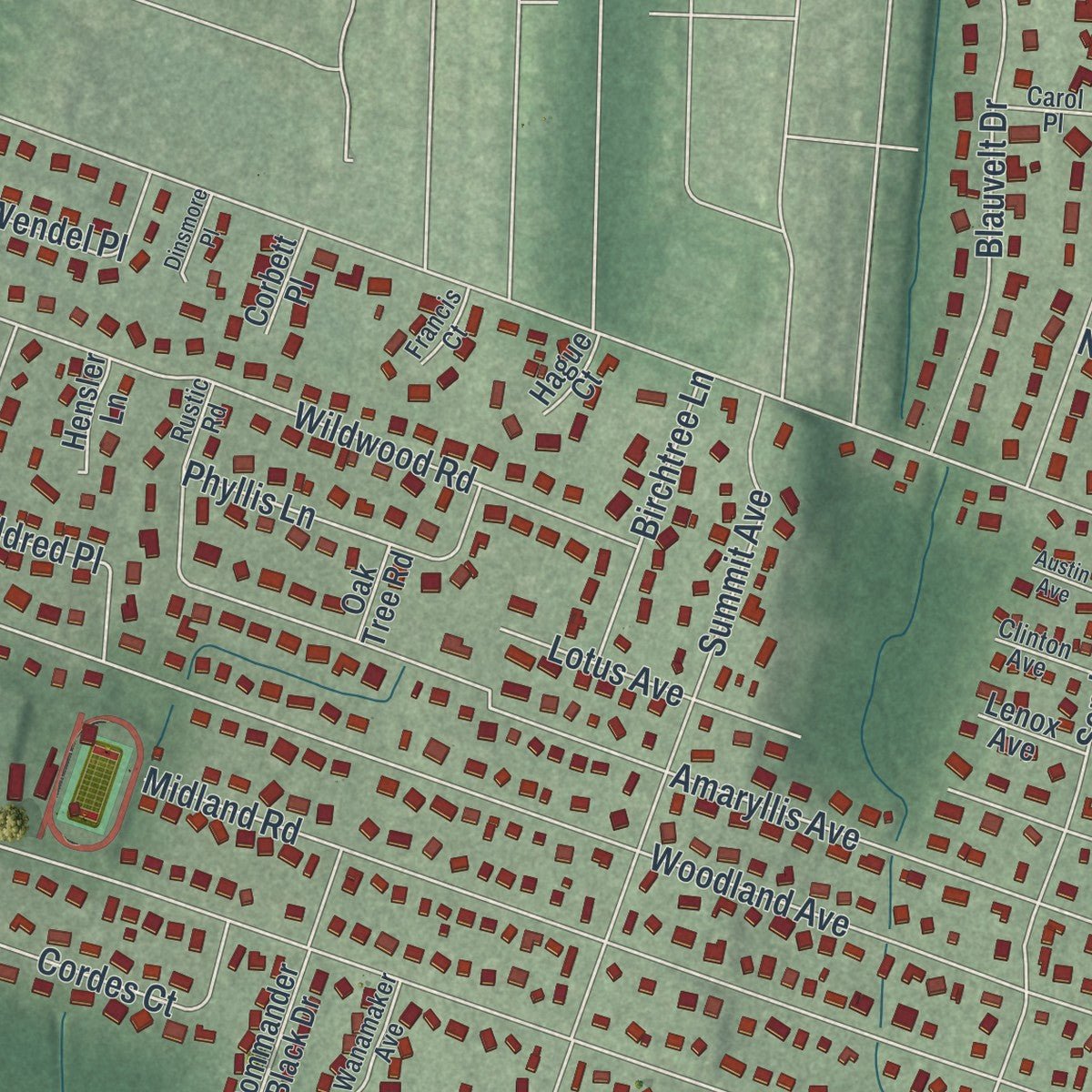Second close-up of the map of Oradell, New Jersey print showing more streets and buildings